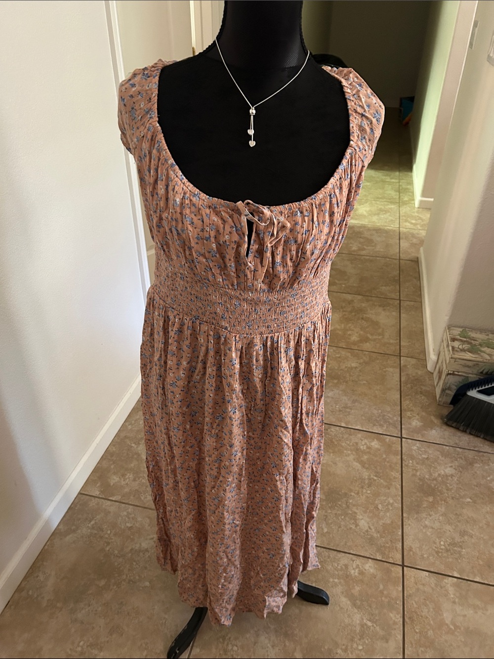 Aeropostale Peach Floral Maxi Dress with Tie Neck